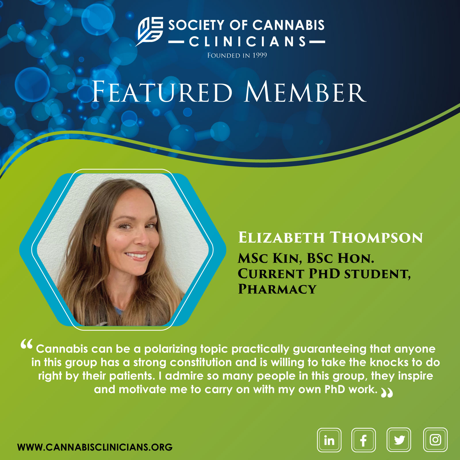 Elizabeth Thompson MSc Kin, BSc Hon. Current PhD student, Pharmacy
